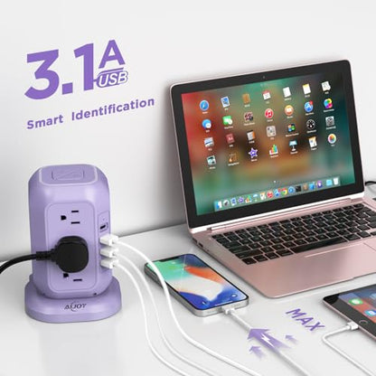 USB C Power Strip Tower with 12 AC Outlet and 4 USB Ports Purple | 10 FT Extension Cord, 1200J Surge Protector, USB Charging Station Office Supplies, Dorm Essentials, Woman