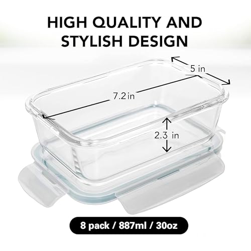 Razab 16 Pc (Set of 8) 30 Oz Glass Meal Prep Containers with Lids, Airtight Large Glass Food Storage Containers, Reusable Leak Proof BPA Free, Freezer to Oven and Dishwasher Safe