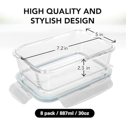 Razab 16 Pc (Set of 8) 30 Oz Glass Meal Prep Containers with Lids, Airtight Large Glass Food Storage Containers, Reusable Leak Proof BPA Free, Freezer to Oven and Dishwasher Safe