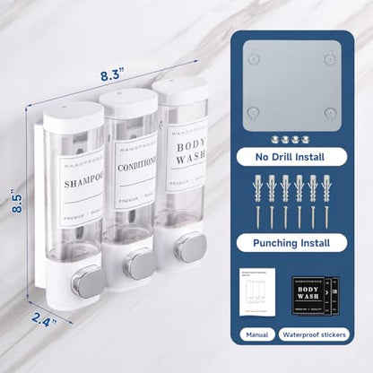 Shower Soap Dispenser Wall Mounted No Drill Shampoo Dispenser for Shower Wall Shampoo and Conditioner Dispenser Bathroom Hotel 3 * 300ml White with Labels