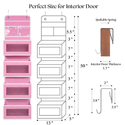 Giraffe Creation Pink Over Door Organizer with 4 Large Clear Pockets, Hanging Door Storage for Nursery, Bedroom, Bathroom, Closet, Toys, Diapers, Cosmetics, Baby Essentials