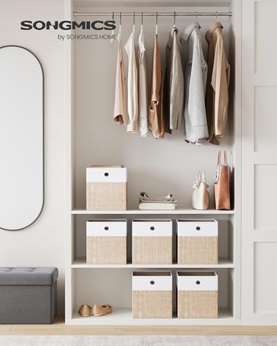 SONGMICS Storage Cubes, Set of 6 Foldable Fabric Storage Boxes, Cube Organizer Boxes with Handles, for Closet Shelves, Odorless, 10.2 x 10.2 x 11 Inches, Cloud White and Sand Beige URFB426LF02