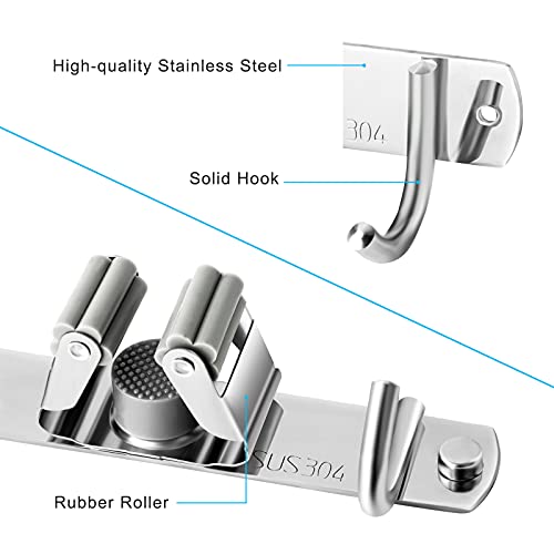 Mop and Broom Hanger Wall Mount, stainless steel Broom Hook Organizer Wall Mounted, Heavy Duty Mop Holder Storage Rack - 3 Racks 4 Hooks for hanging brooms and mops