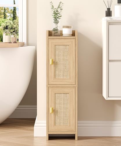 Akxomel Rattan Small Bathroom Cabinet Narrow Toilet Paper Organizer Oak | 7.9''D x 7.9''W Bathroom Organizer and Storage Cabinet for Small Space, Slim Corner Unit with Adjustable Shelf