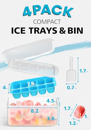 DOQAUS Ice Cube Tray with Lid and Bin, 4 Pack Ice Bucket Kits for RV | Stackable Silicone Ice Trays for Freezer, Easy Pop Out, BPA Free for Cocktail, Coffee, Soup, Food, Kitchen