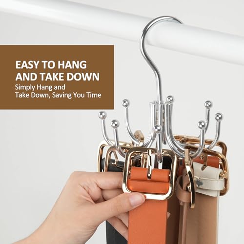 2 Pack Belt Hanger, Belt Organizer for Closet 360° Rotatable | Heavy-Duty Metal Belt Holder with 16 Hooks, Holds Up to 48 Belts, Hanging Belt Storage Rack for Closet, Space Saving