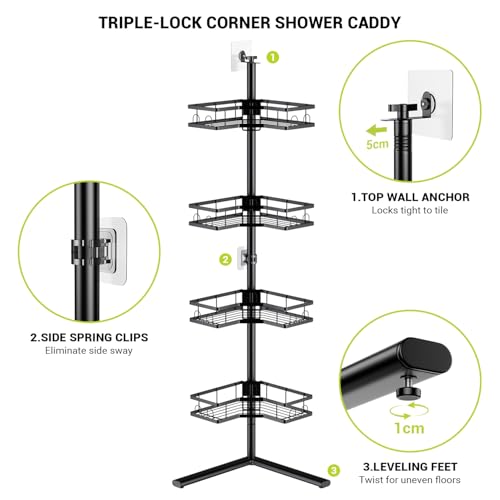 Standing Corner Shower Caddy - 4-Tier Rustproof Adjustable Shower Shelves | Floor Standing Shower Organizer Rack, No Drill Corner Shower Shelf for Bathroom, Apartments and Renters