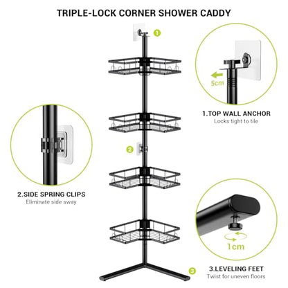 Standing Corner Shower Caddy - 4-Tier Rustproof Adjustable Shower Shelves | Floor Standing Shower Organizer Rack, No Drill Corner Shower Shelf for Bathroom, Apartments and Renters