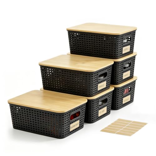 Small Plastic Storage Bins with Bamboo Lids 5.2qt... (Black | Polypropylene)