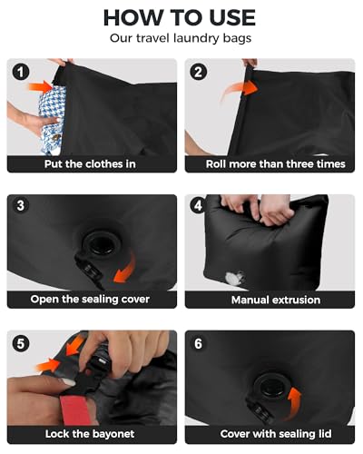 Travel Laundry Bag, Pump-Free Vacuum Compression Dirty Clothes Bag for Suitcases, Large Waterproof Wet Dry Bag, Space Saver Reusable Laundry Bag for Cruise Essentials, Road Trip & Dorm, Black