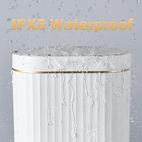 ELPHECO Bathroom Trash Can with Lid, 2 Gallon, Motion Sensor, White Gold | Automatic Garbage Can, IPX5 Waterproof Plastic Wastebasket, Trash Bin for Bathroom, Bedroom, Kitchen and Office