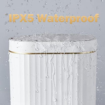 ELPHECO Bathroom Trash Can with Lid, 2 Gallon, Motion Sensor, White Gold | Automatic Garbage Can, IPX5 Waterproof Plastic Wastebasket, Trash Bin for Bathroom, Bedroom, Kitchen and Office