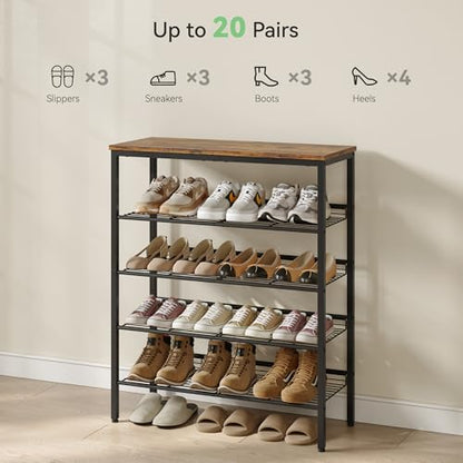 Nunsino Shoe Rack for Closet,5 Tier Shoe Organizer for Entryway,Shoe Shelf with Storage Shelves and Spacious Top,Max Holds 20 of Shoes,Rustic Brown