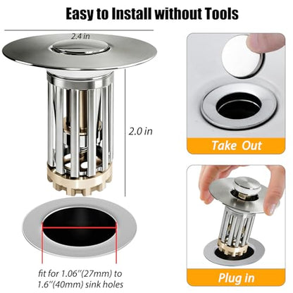 Anlige 3 in 1 Pop Up Bathroom Sink Stopper, Bathroom Sink Drain Strainer, with Removable Basket Hair Catcher, Universal Sink Plug Cover for 1.06 in to 1.6 in Drain, Brushed Nickel
