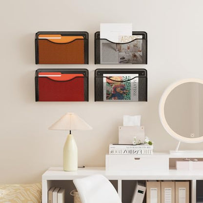 MINDEPOT Wall File Organizer, Hanging Wall File Holder, 3 Pack, Black | Heavy Duty Iron, Metal Mesh Wall Mount, Single Pocket, Mail Organizer, for Office School Classroom Home, Letter A4 Size