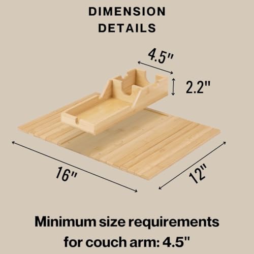 Couch Cup Holder Tray, Bamboo Sofa Arm Table with Removable Tray