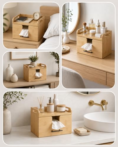 Vespara Bamboo Disposable Face Towel Holder with Drawer 2 Glass Jars, Facial Towel Holder for Vanity Organizer, Skincare Organizer for Clean Skin Club Face Towels Dry Wipes Cleansing Bathroom Counter