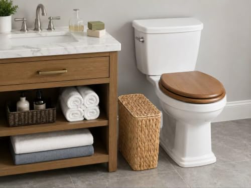 3 Gallon Wicker Trash Can,Small Bathroom Trash Can with Lid,Natural Water Hyacinth Wicker Waste Basket for Bedroom,Toilet,Narrow Garbage Can with Removable Liner