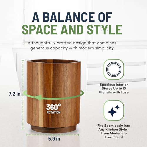 Linda's Essentials Acacia Wooden Utensil Holder for Kitchen Counter, 7.2" Wood Utensil Holder Counter, Kitchen Utensils Holder with 360° Rotation, Non-Slip Large Utensils Holders, Spatula Holders