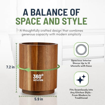 Linda's Essentials Acacia Wooden Utensil Holder for Kitchen Counter, 7.2" Wood Utensil Holder Counter, Kitchen Utensils Holder with 360° Rotation, Non-Slip Large Utensils Holders, Spatula Holders