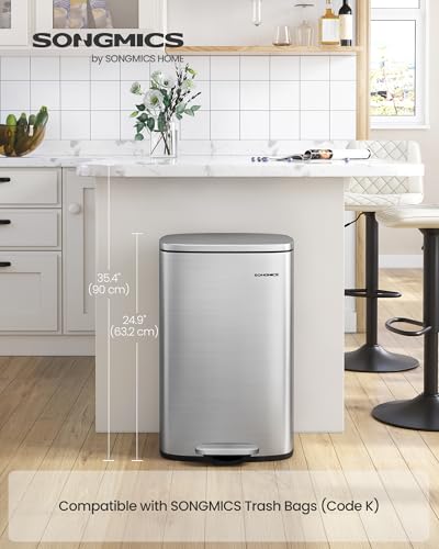 SONGMICS 13 Gallon (50 L) Trash Can, Stainless Steel Kitchen Garbage Can, Recycling or Waste Bin, Soft Close, Step-On Pedal, Removable Inner Bucket, Silver ULTB050E01