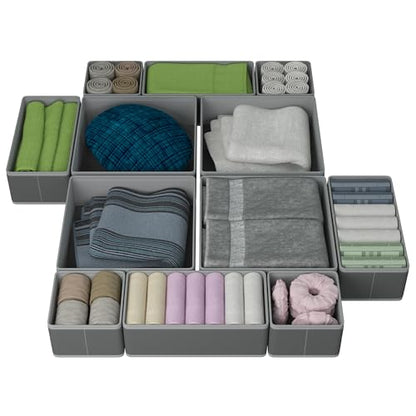 Drawer Organizer – 12 Pack Foldable Gray Fabric Storage Bins for Baby Clothes, Closet, Dresser, Nursery, Underwear, Diapers, Socks | Soft Drawer Dividers for Bedroom & Home Storage
