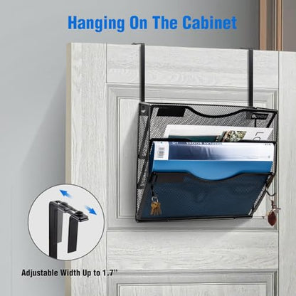 Wall File Organizer, 3 Tire Hanging File Folder Mail Organizer, Vertical Mesh Metal Door/Wall Mount Hanging File Holder, Paper Document Magazine Rack with Hooks for Home Office Black