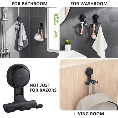 Razor Holder for Shower 2 Pack, Powerful Vacuum Suction Cup Hook for Towel, Loofah, Razor, Squeegee, Damage-Free Wall Shower Hook, Shaver Holder for Bathroom, Easy to Install and Reuse, Black