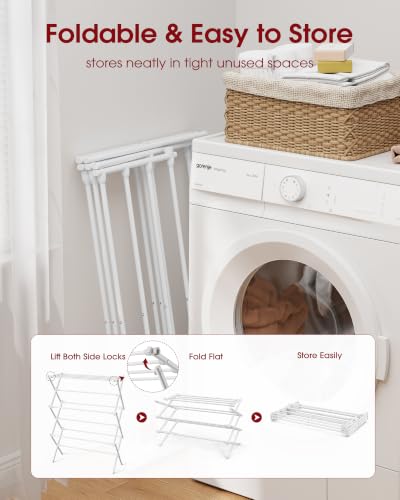 Sakugi Foldable 3-Tier Clothes Drying Rack 37.4" H with Non-Slip Feet | Indoor & Outdoor Use, Space Saving, Metal Frame, 11.4" D x 29.1" W, White