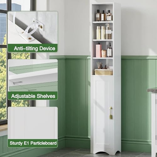 VECELO 71" Tall Narrow Storage Cabinet, Bathroom Storage Slim Freestanding Cabinet with Door & 6 Adjustable Shelves, Anti-Tip Design for Small Space, Kitchen, Living Room, White