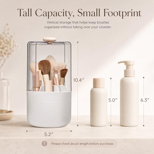 EACHY Makeup Brush Holder with Lid, 360° Rotating Vanity Organizer for Brushes, Dustproof Cosmetic Display Case, 7 Compartments, Waterproof Plastic (White)