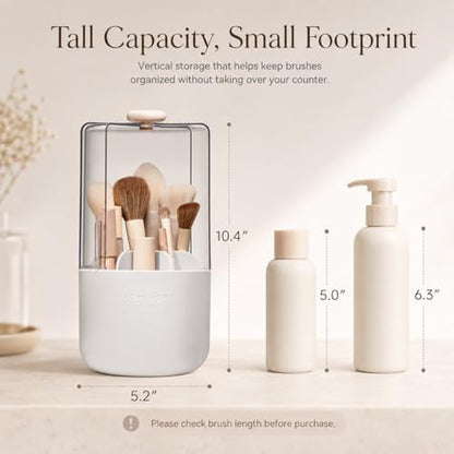 EACHY Makeup Brush Holder with Lid, 360° Rotating Vanity Organizer for Brushes, Dustproof Cosmetic Display Case, 7 Compartments, Waterproof Plastic (White)