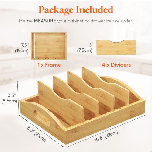 Lifewit Bamboo Lid Organizers for Inside Cabinet, Food Storage Container Lid Holder with 4 adjustable Inserts & 5 Sections, Kitchen Pantry organizer and storage, 10.6" X 8.3"