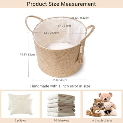 Mkono Woven Storage Basket for Blanket, Toys Plant Organizer, 16"W x 13.8"L | Brown, Jute, Decorative Basket with Handle, Wood Beads Tassel, Shoes Towel Clothes Storage Bin, Living Room Bedroom Nursery