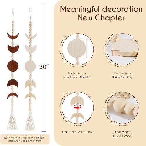 Moon Phase Wall Hanging Wood Beaded with Tassel,Phases of The Moon,Boho Home Decor for Living Room Bedroom Office(Brown)