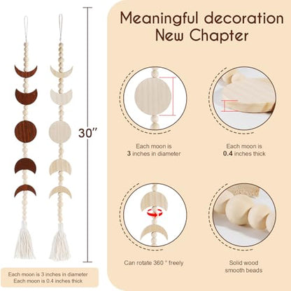 Moon Phase Wall Hanging Wood Beaded with Tassel,Phases of The Moon,Boho Home Decor for Living Room Bedroom Office(Brown)