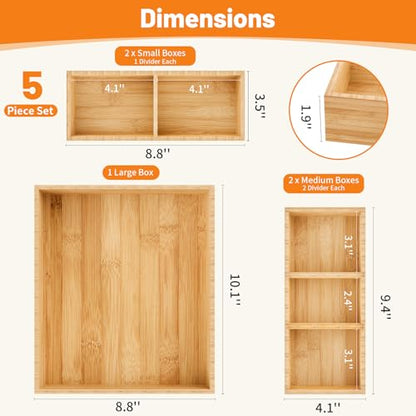 Bamboo Drawer Organizer, 5-Piece Stackable Trays with Removable Dividers | Junk drawer organizer, assorted tray sizes, 5-11 customizable compartments, nestable, kitchen utensils, bathroom, office
