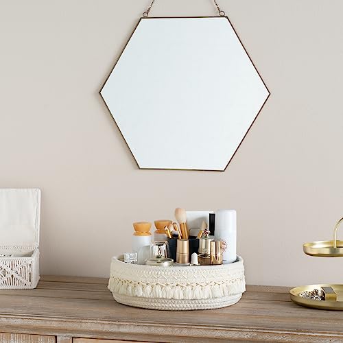 Mkono Makeup Perfume Organizer, Boho Decor Macrame Storage Basket, Ivory | Dorm Bedroom Decor, Hand-Woven Small Basket, Decorative Skincare Cosmetics Holder, Vanity Dresser Bathroom Office