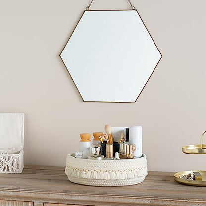Mkono Makeup Perfume Organizer, Boho Decor Macrame Storage Basket, Ivory | Dorm Bedroom Decor, Hand-Woven Small Basket, Decorative Skincare Cosmetics Holder, Vanity Dresser Bathroom Office