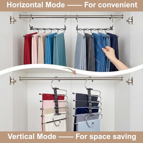 Pants Hangers Space Saving, 5 Tier Jeans Hanger for Closet, Black Multiple Heavy Duty Stainless Steel Pant Rack for Trousers, Legging with 20 Clips (4 Pack)