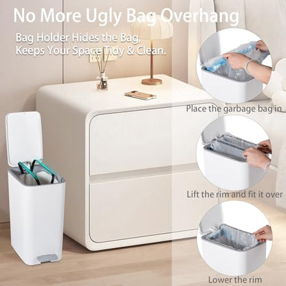 Small Bathroom Trash Can with Lid, 2.1 Gallon Slim Step Trash Can, White | Mini Garbage Can with Handle for Bedroom, Office, Dorm, Narrow Plastic Wastebasket with Soft Close Pedal for Small Spaces