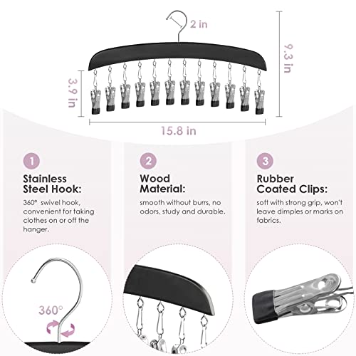 Wooden Leggings Hangers, Scarf Hangers for Closet, Black, 2 Pcs | 24 Clips, 360° Swivel Hook, Hanging Storage Organizer for Scarves, Pants, Hats, Skirts, Bras, Camisoles, Tank tops, Gloves