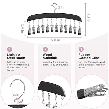 Wooden Leggings Hangers, Scarf Hangers for Closet, Black, 2 Pcs | 24 Clips, 360° Swivel Hook, Hanging Storage Organizer for Scarves, Pants, Hats, Skirts, Bras, Camisoles, Tank tops, Gloves