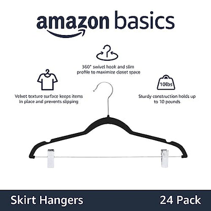 Amazon Basics Velvet Non-Slip Skirt Clothes Hangers with Clips, 360 Degree Rotatable Hook, Organize Pants and Skirts, Black/Silver, 24-Pack