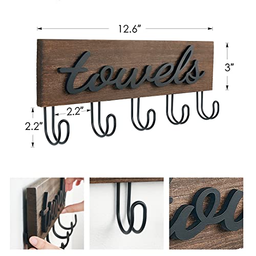 Mkono Wall Mounted Towel Rack, 5 Hooks Rustic Wood Bathroom Towel Hanger | Farmhouse Decor, Space Saving, Decorative Letter Design, Easy Install, Sturdy, Hang Bathrobe clothes, Shower Accessories
