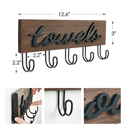 Mkono Wall Mounted Towel Rack, 5 Hooks Rustic Wood Bathroom Towel Hanger | Farmhouse Decor, Space Saving, Decorative Letter Design, Easy Install, Sturdy, Hang Bathrobe clothes, Shower Accessories
