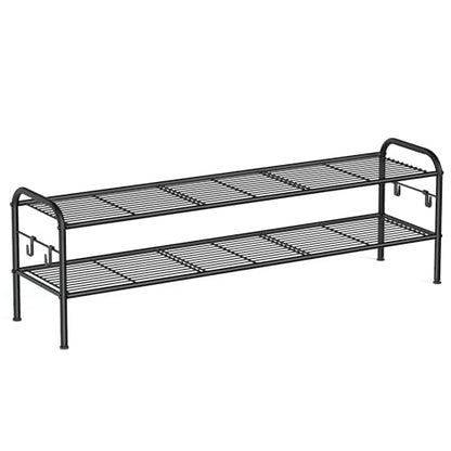 SONGMICS Shoe Rack, 2-Tier Shoe Organizer, Metal Shoe Shelf Storage with 4 Side Hooks, Holds 18 Pairs of Shoes, Height-Adjustable Shoe Rack for Entryway, Hallway, Closet, Ink Black ULMR121B01
