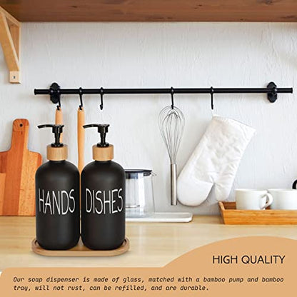 Glass Soap Dispenser Set. Hand and Dish with Bamboo Tray. Vintage Pump for Kitchen Drain Outlet Bathroom. Stylish Permanent Labels (Matte Black)