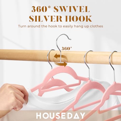 HOUSE DAY Premium Velvet Hangers 20 Pack, Non-Slip Hangers with Tie Bar | Elegance Pink Standard Clothes Hanger Slim Felt Hanger with 360° Swivel Hook for Closet Organized Storage，72g/Pc