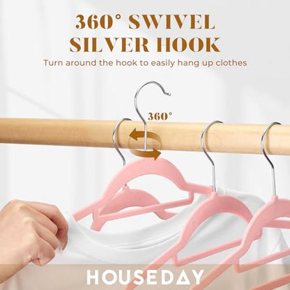 HOUSE DAY Premium Velvet Hangers 20 Pack, Non-Slip Hangers with Tie Bar | Elegance Pink Standard Clothes Hanger Slim Felt Hanger with 360° Swivel Hook for Closet Organized Storage，72g/Pc